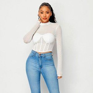White Mesh Mock Neck Top